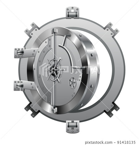 Bank vault door. Metal steel round gate open, isolated mechanism with welds and rivets. Huge metal round safe door. Gate mechanism 91418135