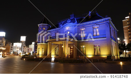 "Former Fukuoka Prefectural Public Hall Kihinkan" illuminated in the color of the Ukrainian flag in protest of Russia's military invasion of Ukraine 91418748