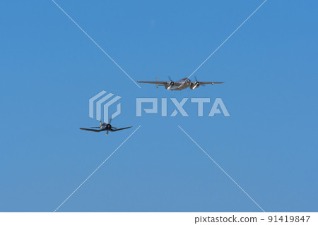 B-25J F4U-4 Corsair carrier-capable fighter escorting Mitchell bomber B-25J F4U-4 Corsair carrier-capable fighter escorting Mitchell bomber 91419847