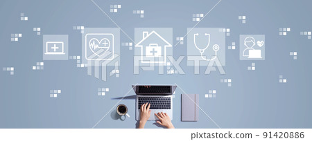 Telehealth theme with person working with laptop Telehealth theme with person working with laptop 91420886