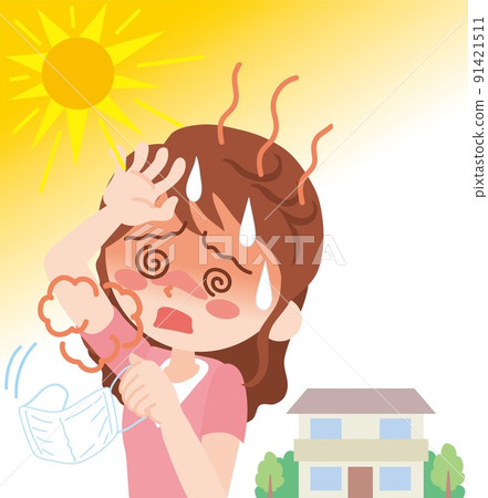 Heat stroke_Woman who removes mask outdoors 91421511