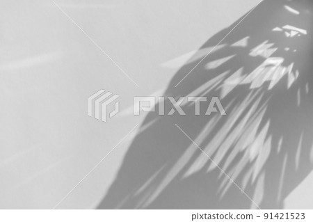Shadow and light refraction on white wall overlay photo effect, sun rays refracting through glass and prism, blurred caustic effects. Natural light refraction silhouette on blank surface. 91421523
