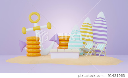 3d render Summer sale podium stand for showing product. Beach Vacations Scene in Summer for mock up. 3d render Summer sale podium stand for showing product. Beach Vacations Scene in Summer for mock up. 91421963