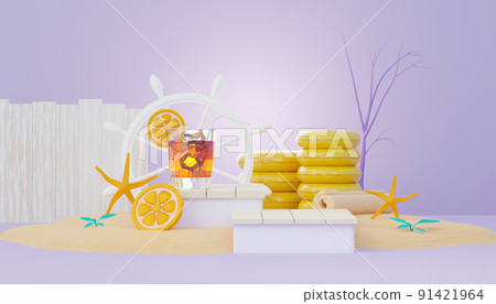3d render Summer sale podium stand for showing product. Beach Vacations Scene in Summer for mock up. 91421964