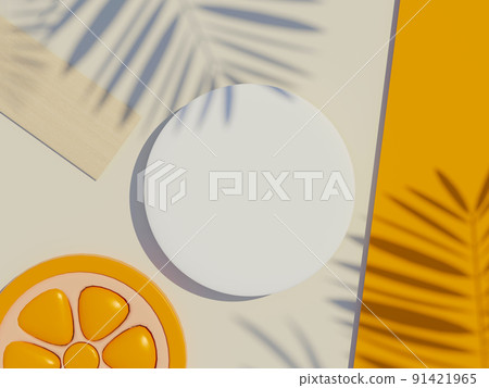 3d render top view of white blank cylinder frame for mock up and display products with shadows of palm leaves with summer background. 91421965