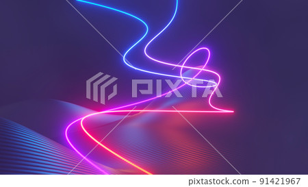 3d render of flash neon and light glowing on dark scene. Speed light moving lines. 3d render of flash neon and light glowing on dark scene. Speed light moving lines. 91421967