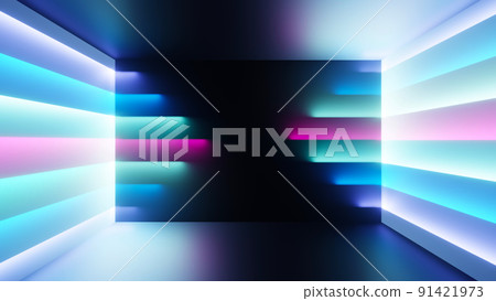 3d render of flash neon and light glowing on dark scene. Speed light moving lines. 91421973