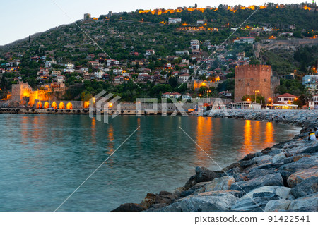 Red Tower and Tersane shipyard in twilight, Alanya, Turkey Red Tower and Tersane shipyard in twilight, Alanya, Turkey 91422541