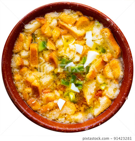 Typical summer dish Cojondongo from Extremadura in earthenware bowl Typical summer dish Cojondongo from Extremadura in earthenware bowl 91423281