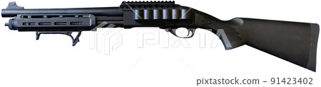 Modern pump action shotgun isolated on white background Modern pump action shotgun isolated on white background 91423402