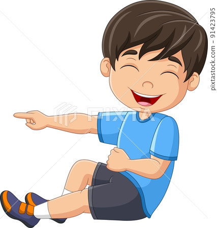 Cartoon boy laughing out loudly and pointing 91423795