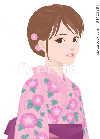 牽牛花圖案粉紅色的浴衣女孩 牽牛花圖案粉紅色的浴衣女孩 91423899