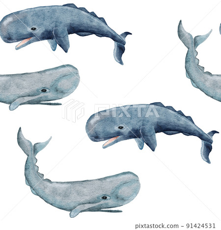 Hand drawn watercolor seamless pattern with sperm whale. Sea ocean marine animal, nautical underwater endangered mammal species. Blue gray illustration for fabric nursery decor, under the sea prints. Hand drawn watercolor seamless pattern with sperm whale. Sea ocean marine animal, nautical underwater endangered mammal species. Blue gray illustration for fabric nursery decor, under the sea prints. 91424531