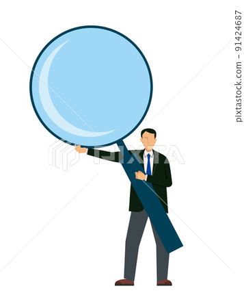 一個帶有巨大放大鏡和放大鏡的亞洲人的插圖。搜索、調查、檢查的圖像說明；集中線的背景 91424687