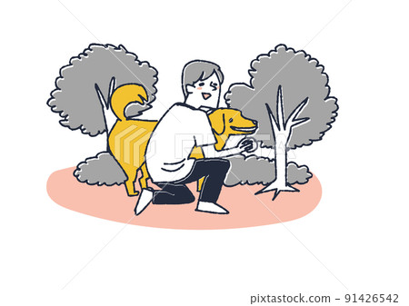 男人在森林里和寵物狗打球 享受大自然休閒時光的人 91426542