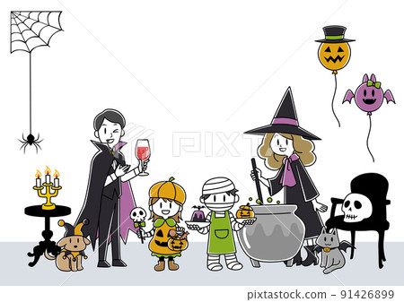 Illustration of a family of four and pets (dogs and cats) having a home party in Halloween costumes 91426899