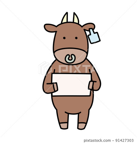 Illustration of a brown cow with a message board 91427303