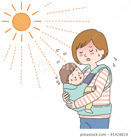 Illustration of the upper body of a mother holding a baby in the sun. 91428619