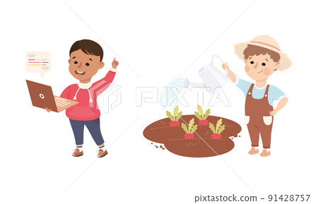 Little Boy Software Specialist with Laptop and Gardener Watering Vegetable Representing Profession Vector Set Little Boy Software Specialist with Laptop and Gardener Watering Vegetable Representing Profession Vector Set 91428757