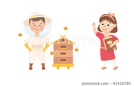 Cheerful Girl in Glasses with Books and Boy with Beehive Depicting Teacher and Beekeeper Profession Vector Set Cheerful Girl in Glasses with Books and Boy with Beehive Depicting Teacher and Beekeeper Profession Vector Set 91428795