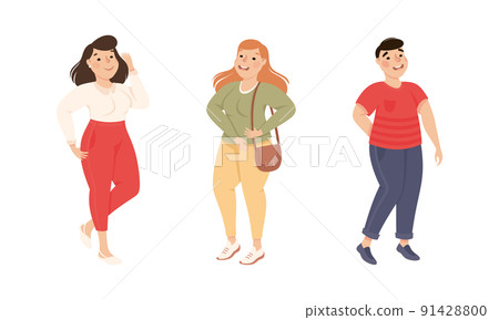 Plus Size Man and Woman Standing and Smiling Accepting Their Physical Body Vector Set 91428800