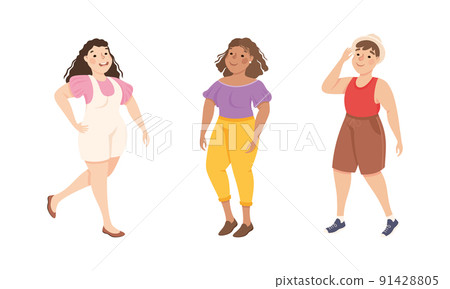 Plus Size Man and Woman Standing and Smiling Accepting Their Physical Body Vector Set 91428805