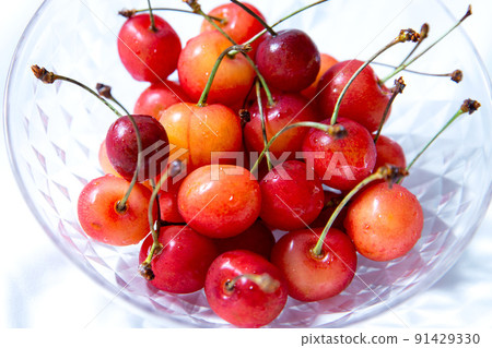 Cherry 3 on a white background and transparent bowl 91429330