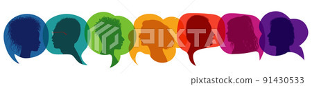 Dialogue group of diverse people.Communication multiethnic people.Crowd multicultural talking.Silhouette profiles.Rainbow colors.Sharing ideas and thoughts.Speak.Friendship.Speech bubble 91430533