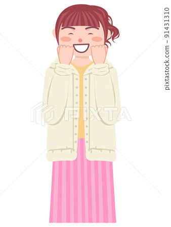 一個女人雙手放在臉頰上大笑 一個女人雙手放在臉頰上大笑 91431310