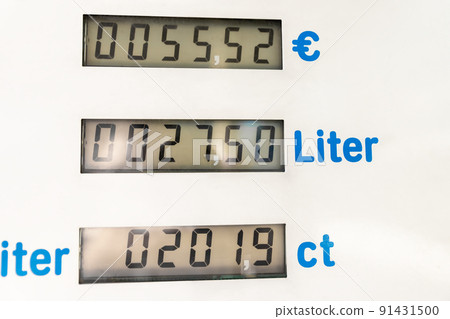 Close-up detail view of fuel pump digital display showing high rising super and diesel gasoline petrol price at gas refueling station in EU country. Energy cost raised expenses due war crisis Europe 91431500
