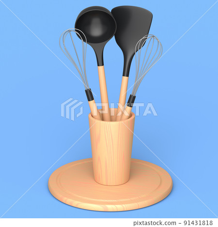 Silicon kitchen utensils, tools and equipment in holder on blue background. 91431818