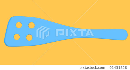Wooden slotted turner or kitchen utensils on orange background. 91431828