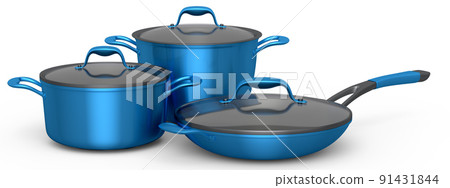 Set of stewpot, frying pan and chrome plated cookware on white background Set of stewpot, frying pan and chrome plated cookware on white background 91431844