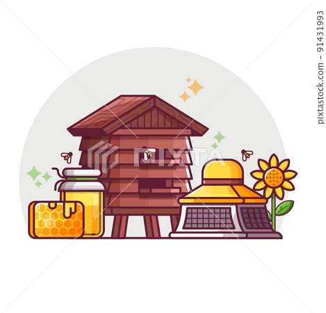 Bee Keeping and Apiary Scene in Line Art 91431993