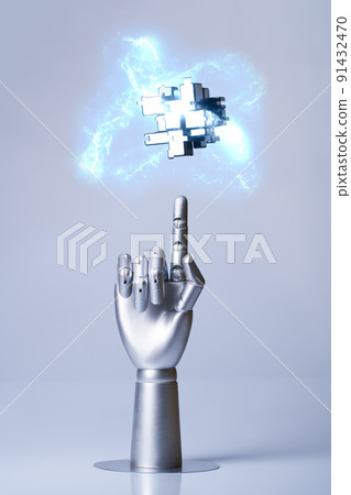 Mechanical robot arm or hand interacts with futuristic digital technologies. 91432470
