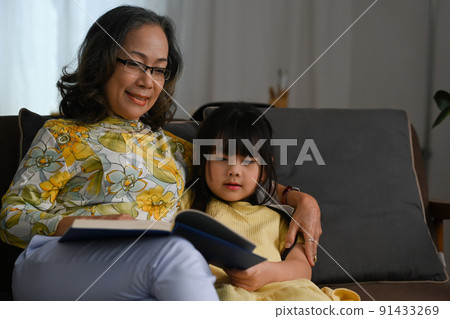 Happy moments with grandmother and little granddaughter reading book together on sofa 91433269