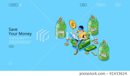 Save money banner with isometric glass jars Save money banner with isometric glass jars 91433624