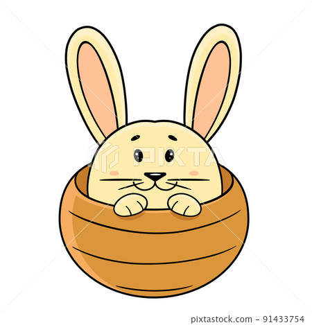 A cute white rabbit is sitting in a wicker basket. The symbol of Easter and the 2023 New Year. Cartoon isolated vector hare. 91433754