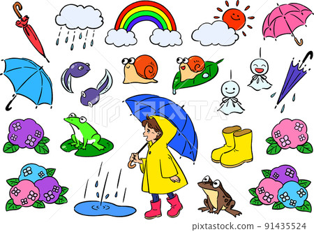 Handwritten style cute rainy season illustration material set 91435524