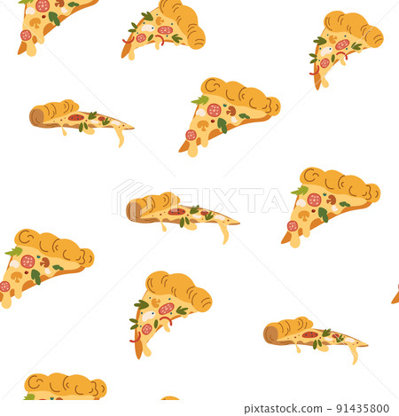 Pizza seamless pattern. Meat background. Different slice of pizza with cheese, sausage, mushrooms, herbs. Perfect for printing, menus and restaurants, textiles, wrapping paper. Vector illustration Pizza seamless pattern. Meat background. Different slice of pizza with cheese, sausage, mushrooms, herbs. Perfect for printing, menus and restaurants, textiles, wrapping paper. Vector illustration 91435800