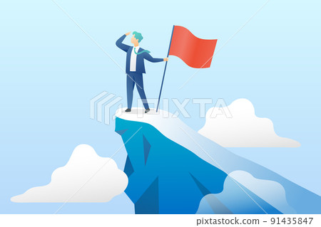 A businessman raising a flag at the top of a mountain 91435847