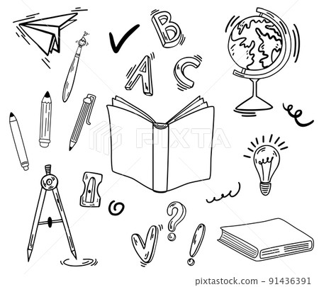 Line Drawing Set Of Pens And Pencils, Hand Drawn Vector