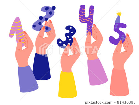 Hand hold numbers. Holiday numbers for birthday and party. Votes jury judges of tournament or contest. Hand Drawn Cartoon Vector illustration.  91436393