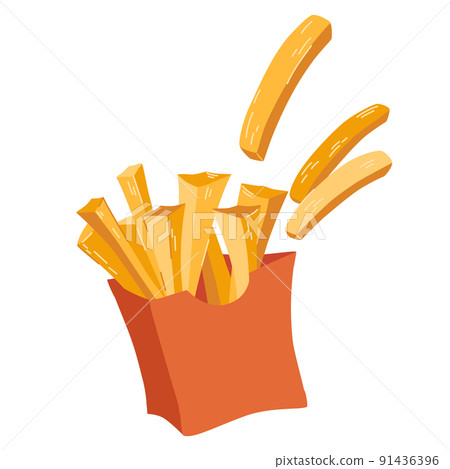 French fries. Fast food in a red packing box. Fried potatoes. Fatty, unhealthy food. Vector cartoon illustration isolated on the white background.  91436396
