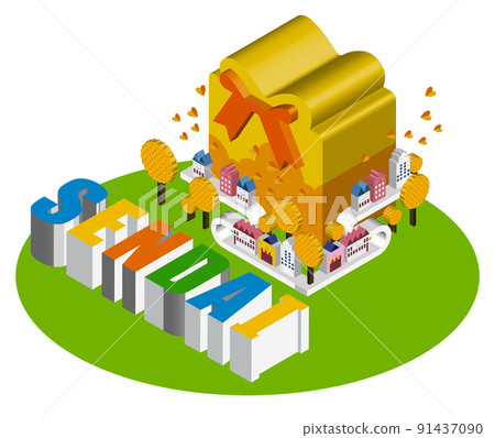 A fun cityscape and living scenery created by unique 3D buildings. Building and town planning where people can live brightly. Day 91437090