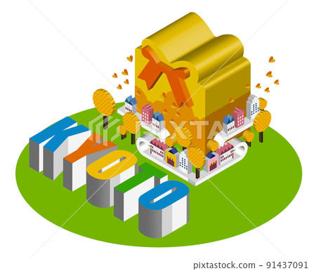 由獨特的 3D 建築創造的有趣的城市景觀和生活風景。人們可以明亮地生活的建築和城市規劃。天 91437091