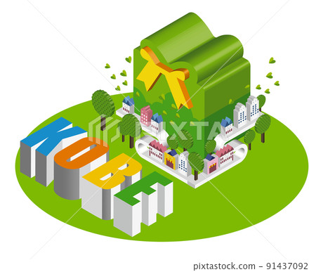 由獨特的 3D 建築創造的有趣的城市景觀和生活風景。人們可以明亮地生活的建築和城市規劃。天 91437092
