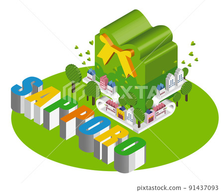 由獨特的 3D 建築創造的有趣的城市景觀和生活風景。人們可以明亮地生活的建築和城市規劃。天 91437093
