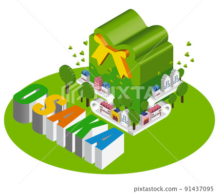 由獨特的 3D 建築創造的有趣的城市景觀和生活風景。人們可以明亮地生活的建築和城市規劃。天 91437095