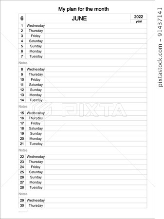 Calendar template for June 2022 year. Planner diary in minimalism style Calendar template for June 2022 year. Planner diary in minimalism style 91437141